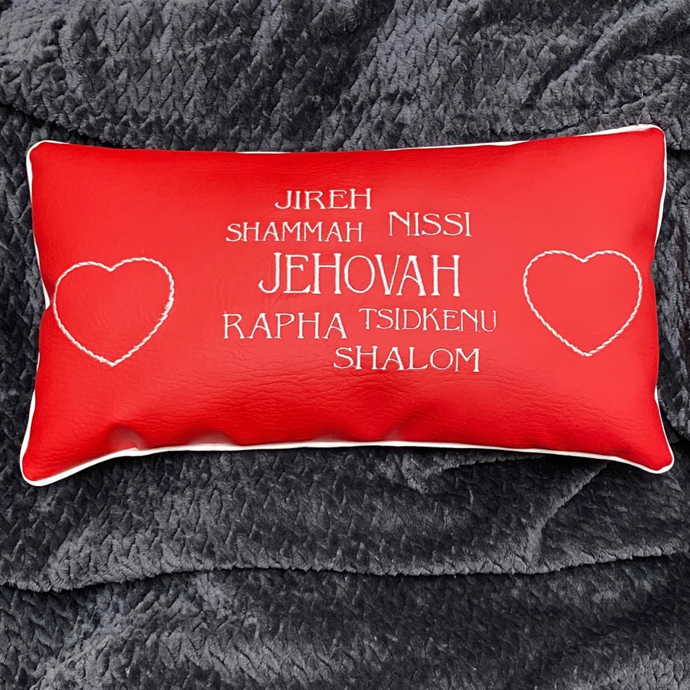 Red Accent Pillow with Inspirational Text/ Faux Leather